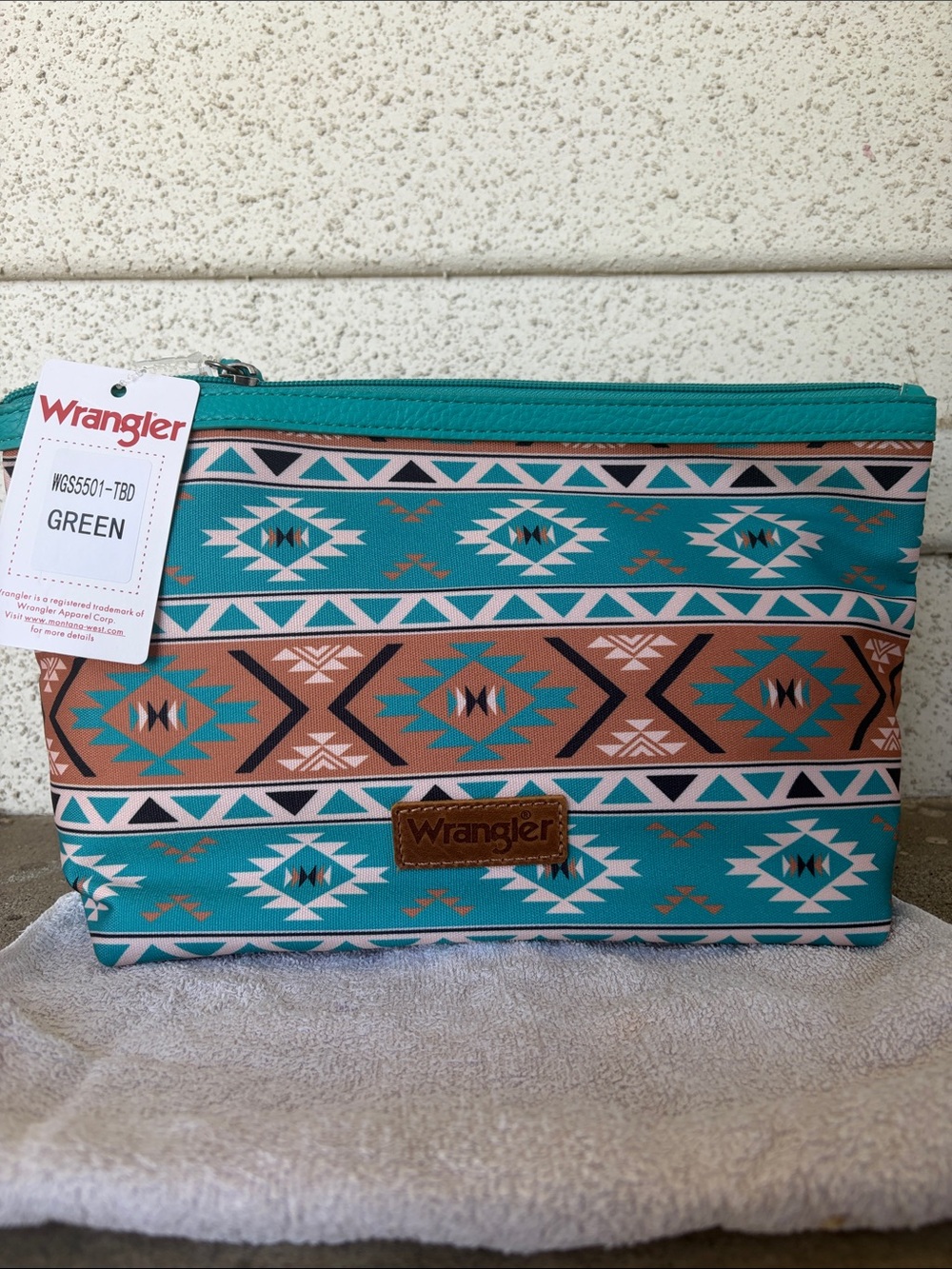 Wrangler Teal Aztec Zip Cosmetic Makeup Bag Pouch with Tan Accents